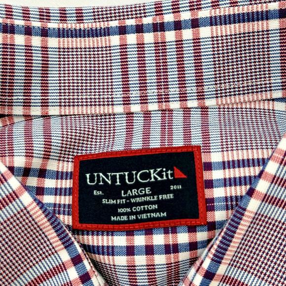 UNTUCKit Red Blue Plaid Wrinkle Free Slim Fit L/S Button Down Shirt LARGE - Picture 2 of 9